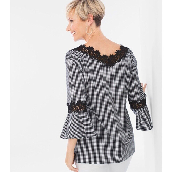 Chico's Tunic Women's Size 0 (XS/4) Black Gingham 3/4 Bell Sleeve Lace Applique - Picture 11 of 12